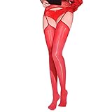 HTRUIYATY Damen Strapse Strümpfe Sexy Öl Glänzende Spitze Hosenträger Strumpfhose Rot 8 Denier