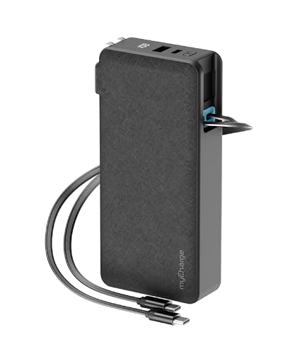 myCharge RetractaCharger 20000mAh Portable Charger Power Bank for Laptops Phones & Tablets with 28-Inch Retractable Dual USB-C Cables | Premium Fabric | Built-in Wall Plug | 67W PD Fast Charging