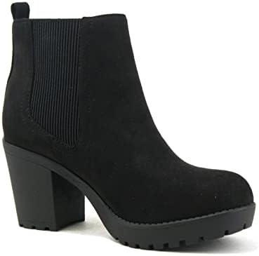 Soda PENSEE ~ Women Lug Sole Mid Heel Chelsea Fashion Ankle Bootie w/Double Elastic Gore (6, Black Suede, numeric_6) | Image 1