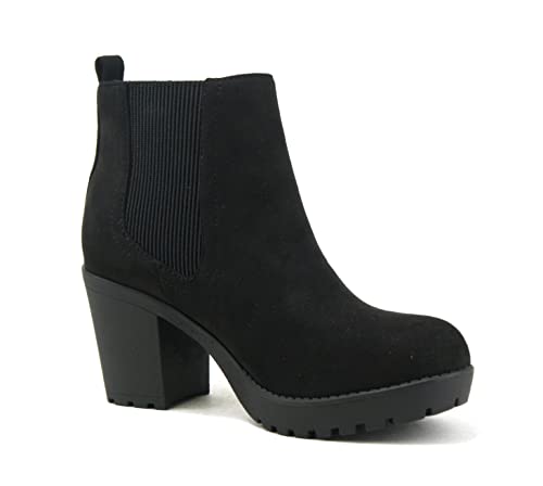 Soda Pensee ~ Women Lug Sole Mid Heel Chelsea Fashion Ankle Bootie W/Double Elastic Gore (8, Black Suede, Numeric_8) #TOP1