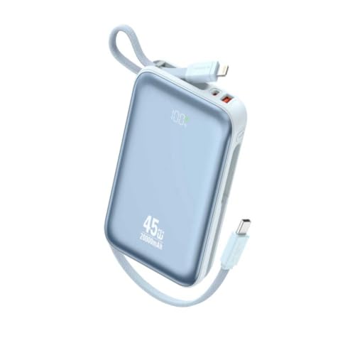 Power Bank A'Gold BTE-106 20.000mAh 45W Turbo - Carregador Portátil com Cabos Embutidos Tipo-C e Lightning, Display LED, Carreg. Simultâneo Compativel com Smartphones em Geral e Notebooks. (Azul)
