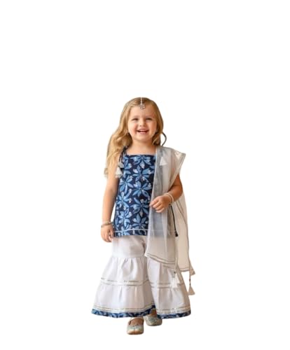 Image of A.T.U.N. (ALL THINGS UBER NICE) Girls Designer 100% Cotton Printed Kurti, Sharara & Dupatta Set | Elegant Wide Flare Sharara Style | Comfortable Traditional Indian Wear | 3 Piece Co-ords Set