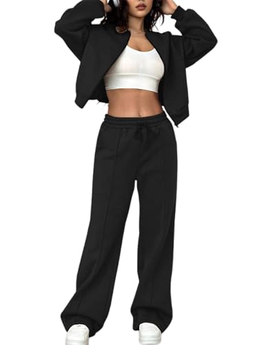 LovelyWholesale Women Sweatsuits 2 Piece Set Zip Up Sweatshirt and Wild Leg Sweatpants Set