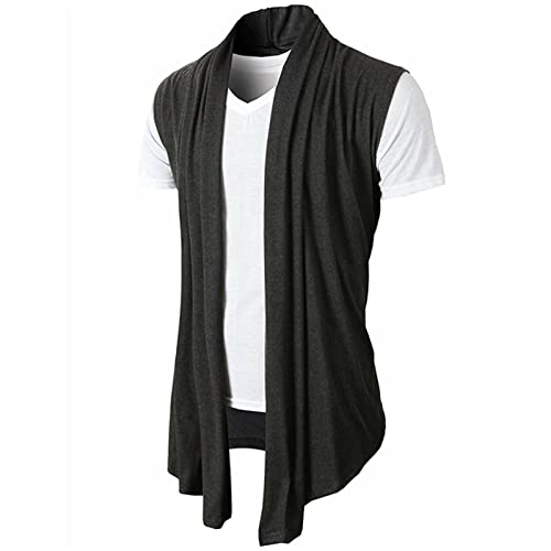 Men's Ruffle Shawl Collar Cardigan Sleeveless Open Vest Lightweight Cotton Long Length Drape Cape (Dark Gray,Medium)