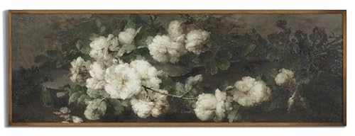 Vintage Farmhouse French Country Bedroom Wall Decor Above Bed - 10x30' - Horizontal Wall Art Over the Bed - Panoramic Landscape Picture Sign - Canvas Oil Painting Long Narrow White Flower Print Poster