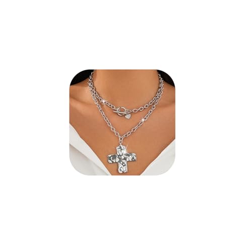 Gold Layered Chunky Cross Necklace for Women,Punk Vintage Hammered Big Cross Heart Pendant Neckalce Statement Thick OT Buckle Chain Necklace Fashion Jewelry