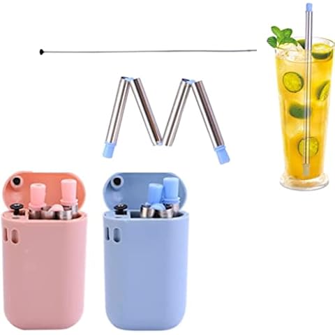 2 x His and Hers Collapsible Straw with Travel case (Stainless Steel) | Pink and Blue Foldable Straws | Reusable Environmentally Friendly Drinking Straw with Bonus Cleaning Brush | Portable Metal Cover