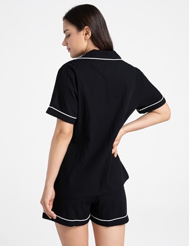 Image of Womens Muslin Pajama Set 100% Cotton Double Gauze Linen Like | Breathable Soft Comfort Button Up Loungewear Sleepwear PJ Set