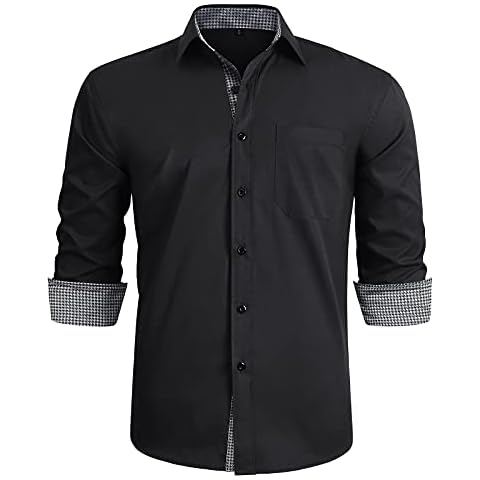 HISDERN Men Black Fromal Dress Shirts Long Sleeve Regular fit Casual Formal Classic Collar Button Down Plaid Houndstooth Wedding Party Shirt Cover