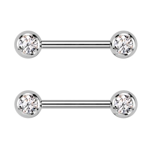 Pierced Owl 14GA ASTM F-136 Implant Grade Titanium Internally Threaded CZ Crystal Ball Ends Nipple Barbells, Sold as a Pair (Silver Tone/Clear)