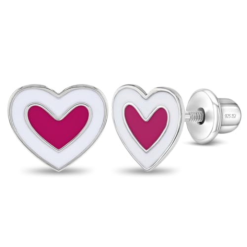 925 Sterling Silver Pink and White Heart Safety Screw Back Earrings For Kids, Toddlers & Little Girls- Secure and Comfortable Adorable Heart-Shaped Girl Earrings