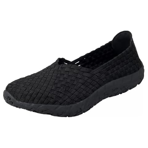 Lifup Women's Sidewalk Slip on Flat Elastic Woven Walking Shoes Lightweight Breathable Mesh Walking Sneakers Running Shoes Black 7.5 Cover
