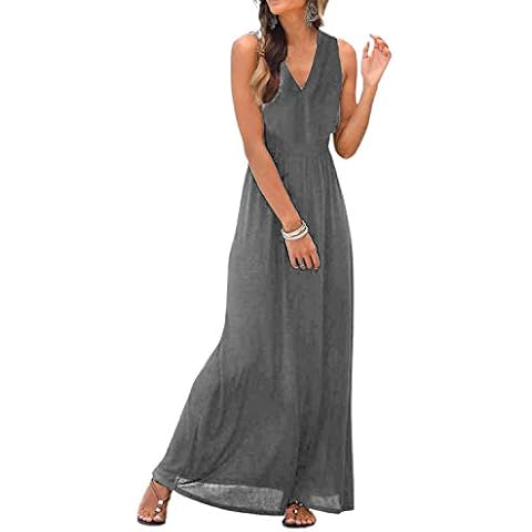 LilyCoco Womens Summer Maxi Dress Sleeveless Casual V Neck Bohemian Flowy Long Dresses Grey L Cover