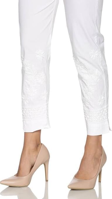 Fashionable Chikan Handikraft Spandex Stretchable Pant Hand Embroidered White Palazzo Pants for Womens2