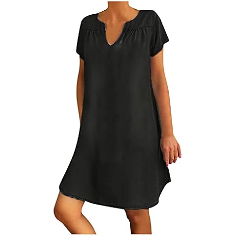 Sommerkleid Damen Elegant Solid Kurzarm Denim Kleid Lockeres Stretch Rundem V-Ausschnitt Knielang StraßEnkleid Frauen Casual Streetwear Denim Dress Einfarbig Pullover Dresses for Women Cover