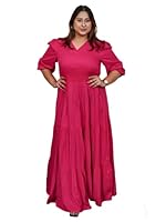 DEEBACO Women's Rayon Smocking Tiered Dress for Women|V Neck 3/4 Sleeves Fit & Flare Ankle Length Maxi Casual Western Plus Size Dress for Ladies Party Casual Wear Outfits (DBDR00000795_3XL_Magenta)