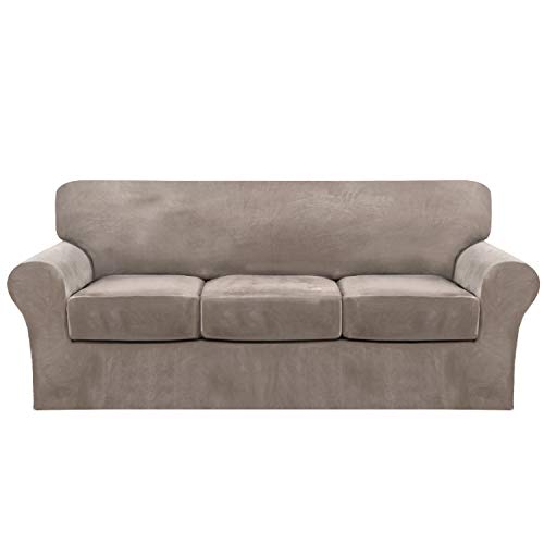 FantasDecor 4 Piece Sofa Covers Velvet Couch Covers for 3 Cushion Couch Stretch Sofa Slipcover with Individual Seat Cushion Covers Elastic Furniture Protector for Pets, Machine Washable (Sofa, Taupe)