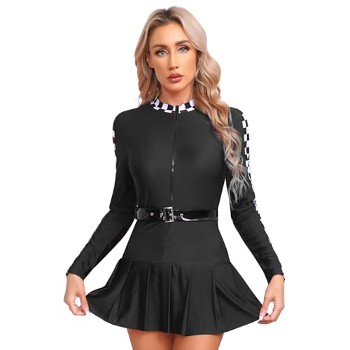 dPois Damen Rennfahrerin Boxen­lu­der Cosplay Kostüm Langarm Kleider Minikleid Faltenkleid mit Gürtel Halloween Fasching Racing Girl Kostüm A...