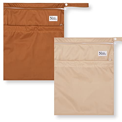 Image of Nora's Nursery Wet Dry Bags with Two Zippered Pockets - Reusable and Washable Wet Bag for Swimming, Travel, Beach, Pool, Daycare, Cloth Diapers, Toiletries and Swimsuits - 11x15 - Desert - 2 Pack
