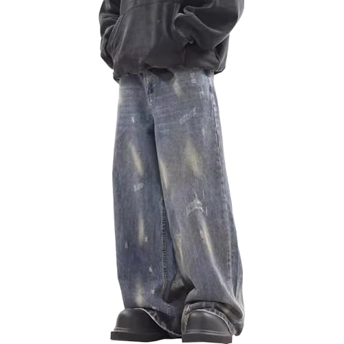 Men Wide Leg Jeans Loose Fit Baggy Vintage Ripped Washed Denim Casual Distressed Hip Hop Pants