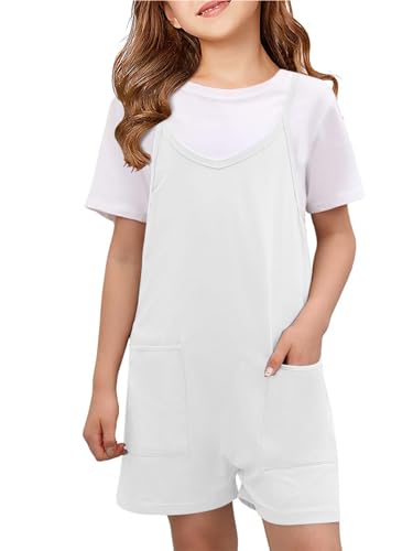 CharmWM Girls Summer Jumpsuits Spaghetti Strap Sleeveless Loose Romper Short Pants with Pockets 5-14 Years