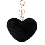 Women's Heart Faux Fur Pom Pom Key Chains Bag Accessory Puffball Keyring Backpack Charms for Girls(black)