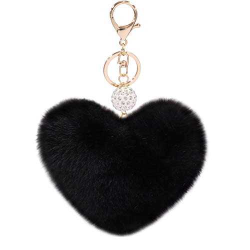 Image of Women's Heart Faux Fur Pom Pom Key Chains Bag Accessory Puffball Keyring Backpack Charms for Girls