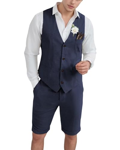 Mens Linen Suit 2 Piece Vest and Shorts Set for Summer Wedding Prom Casual Linen Waistcoat Shorts