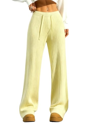 Verdusa Womens Straight Leg Pants Knit Comfy Sweatpants Baggy Lounge Pants Light Yellow Small