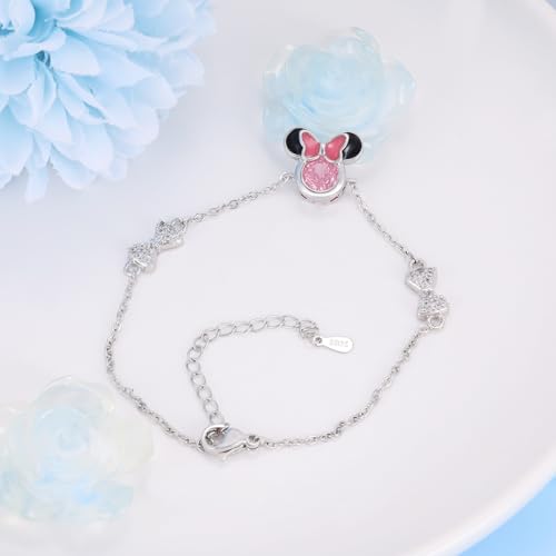 Mouse Bracelet for Teens Women - Sterling Silver Adjustable Bow Bracelet Pink Cubic Zirconia Cute Animal Chain Link Charm Bracelets Adorable Jewelry Gifts for Daughter Granddaughter2