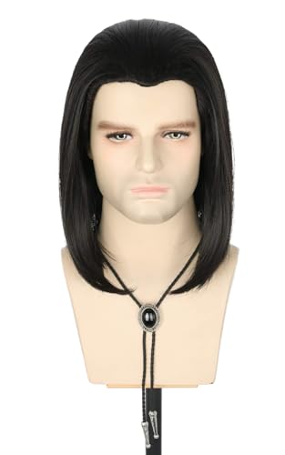 CGVG Perruque longue et droite pour homme avec cravate - Pour Halloween, carnaval, cosplay (perruque noire avec cravate)