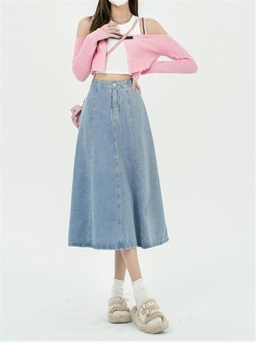 Women's High Waist A-Line Long Denim Skirt Cotton Casual Mid-Calf Skirt3