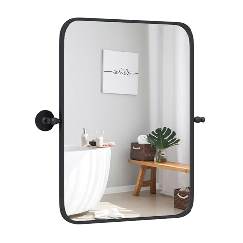 GOPLUS Miroir Mural 76,5X 66,5cm avec Cadre en Métal Noir, Miroir Salle de Bain avec Coins Arrondis, Pivotant & Inclinable, pour Entree Chambre Moderne