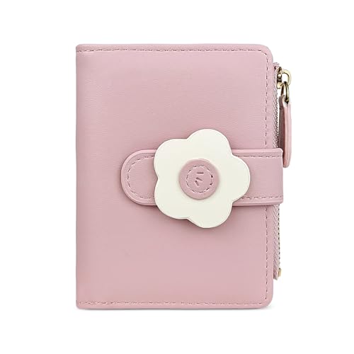 Small Wallets for Woman, Flowers Print Cute Wallet Fashion Bifold Leather Wallet with ID Window and Zipper Pocket (Pink)