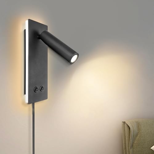 Image of LED Wall Sconce, Reading Light, Interior Bedroom Ambient Light, 2 in 1 Multifunction Bedside Plug-in Sconce, 4W+8W Night Light (Sand)