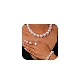VERSATILE SET: Complete jewelry set featuring a statement earrings, necklace, matching bracelet, and coordinating ring with large pearl-style beads in classic white, pink, or bold red DESIGN FEATURES: Oversized faux pearl beads create a dramatic, lux...