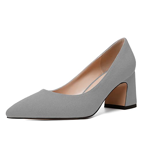 NUMALEO Womens Suede Wedding Solid Slip On Pointed Toe Dress Chunky Mid Heel Pumps Shoes 2.5 Inch