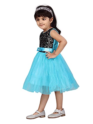 Image of MUHURATAM Girl's Net Fit and Flare Knee-Length Dress (FK-1001 Sky Blue 24)