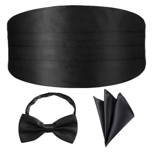 DOKRIN Fusciacche da uomo,Set da 3 pezzi con fazzoletto da taschino, papillon con un solo anello, da uomo, per abito da sposo, smoking