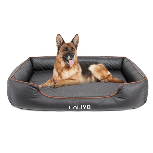CALIYO Orthopädisches Hundebett Mittelgroße & Grosse Hunde – Hundekissen aus Kunstleder, Wasserdicht & Waschbar, Memory Foam Hundesofa mit 4 Rändern, Hundematte 104×75×20CM, Schwarz