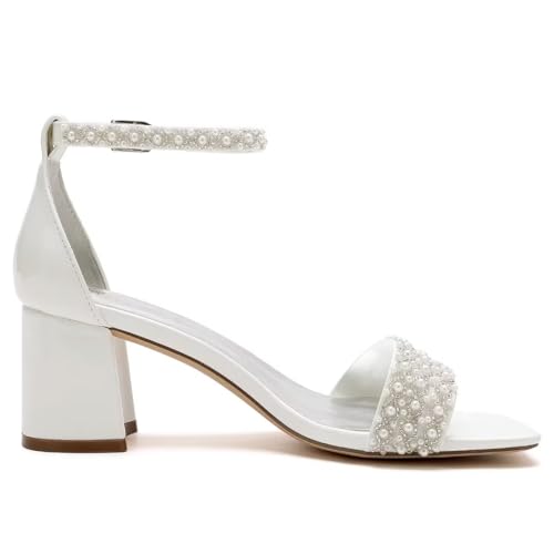 Block Heel Wedding Shoes for Bride Square Open Toe Wedding Sandals Pearl Bridal Shoes Wedding Heels Chunky4