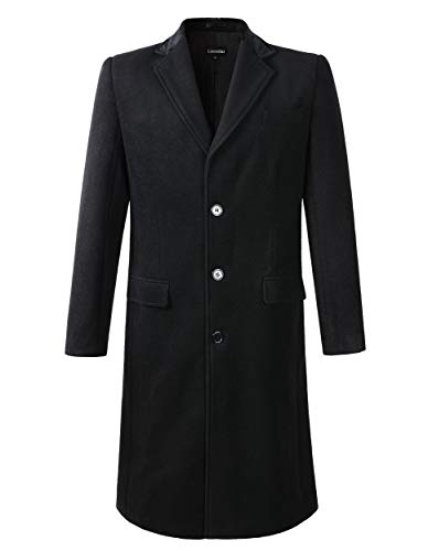 Lucasini Mens Black Wool Long Covert Overcoat Warm Winter Mod