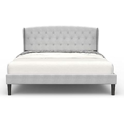 Full Size Bed Frame Upholstered Traditional Low Profile Platform with Tufted Wing Back Headboard/No Box Spring Needed/No Bed Skirt Needed/Linen Fabric Upholstery/Light Grey (Full Size) Cover