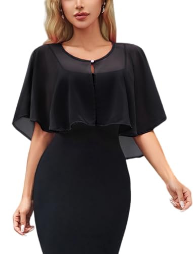 Womens Chiffon Shawl Wraps Shrug for Evening Dress Wedding Cape Bolero Flapper Party Cover Up Black One Size