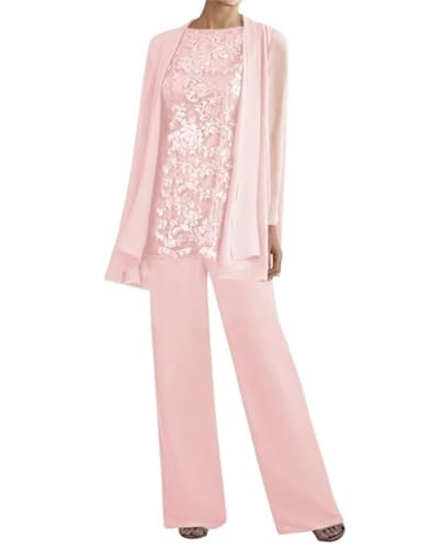 3 Pieces Mother of The Bride Pant Suits for Women Dressy Long Sleeve Lace Wedding Formal Outfits with Jacket PG016
