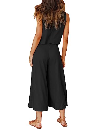 Roylamp RO4008_2X Women'S Summer 2 Piece Outfits Round Neck Crop Basic Top Cropped Wide Leg Pants Set Jumpsuits Black S thumb #3