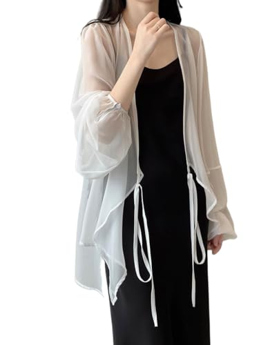 Juankrynord Moda para Mujer Verano de Manga Larga Gasa Camisa para el Sol Vestido de Fiesta Ceremonial Cárdigan de Gasa Chaqueta Suelta con Volantes (Blanco,XL)