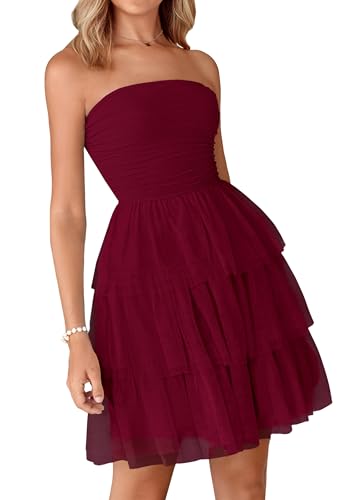 PRETTYGARDEN Womens Tulle Dress Strapless Tube Top Short Dress Summer Ruffle Tiered Party Wedding Guest Dresses(Wine Red,Medium)