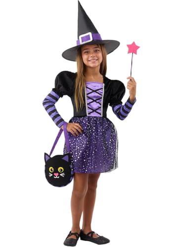 Funidelia Disfraz de bruja con accesorios para niña, Talla 5-6 años Brujas, Magos - Traje para niños para fiestas, Carnaval y Halloween