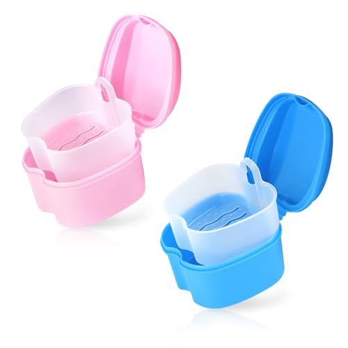 LAGAHS 2 cajas de baño para prótesis dentales con 2 cepillos de dientes, 2 cepillos orales, kit de limpieza de dentaduras postizas de plástico, caja de baño para dientes falsos (azul rosa)